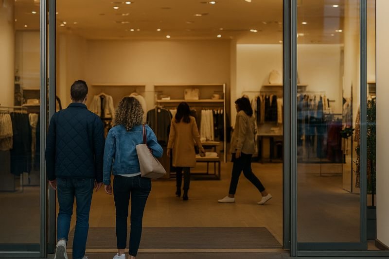 Clientes entrando em uma loja de roupas, com detecção e contagem de pessoas